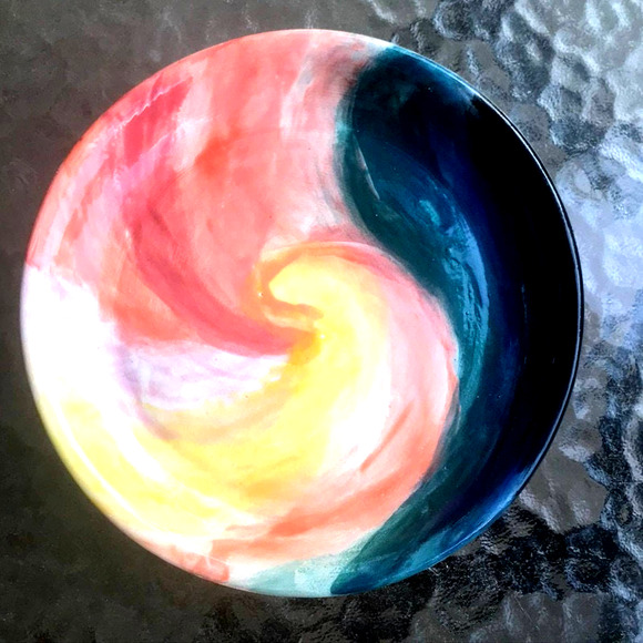 Spiral Pattern Pottery Plate in Teal, Coral, and Yellow/Handcrafted Pottery - Picture 3 of 9